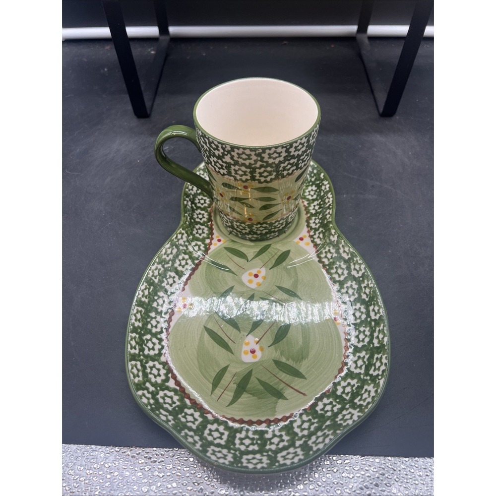 2 Sets of Temptations By Tara Old World Green Mug & Sandwich Snack Tray Plates - Picture 2 of 8